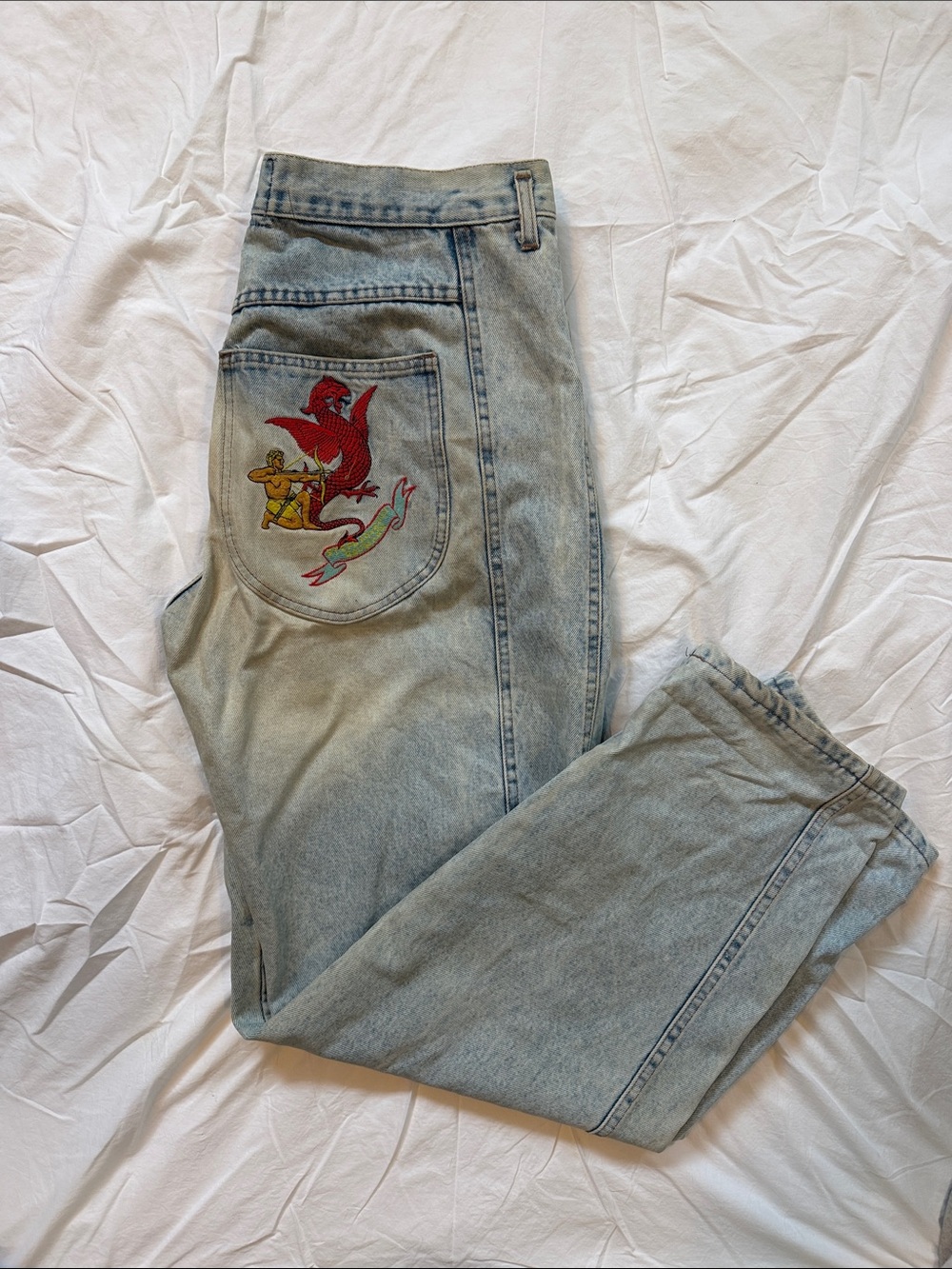 Light Wash Men's Jeans with Red Embroidered Patch